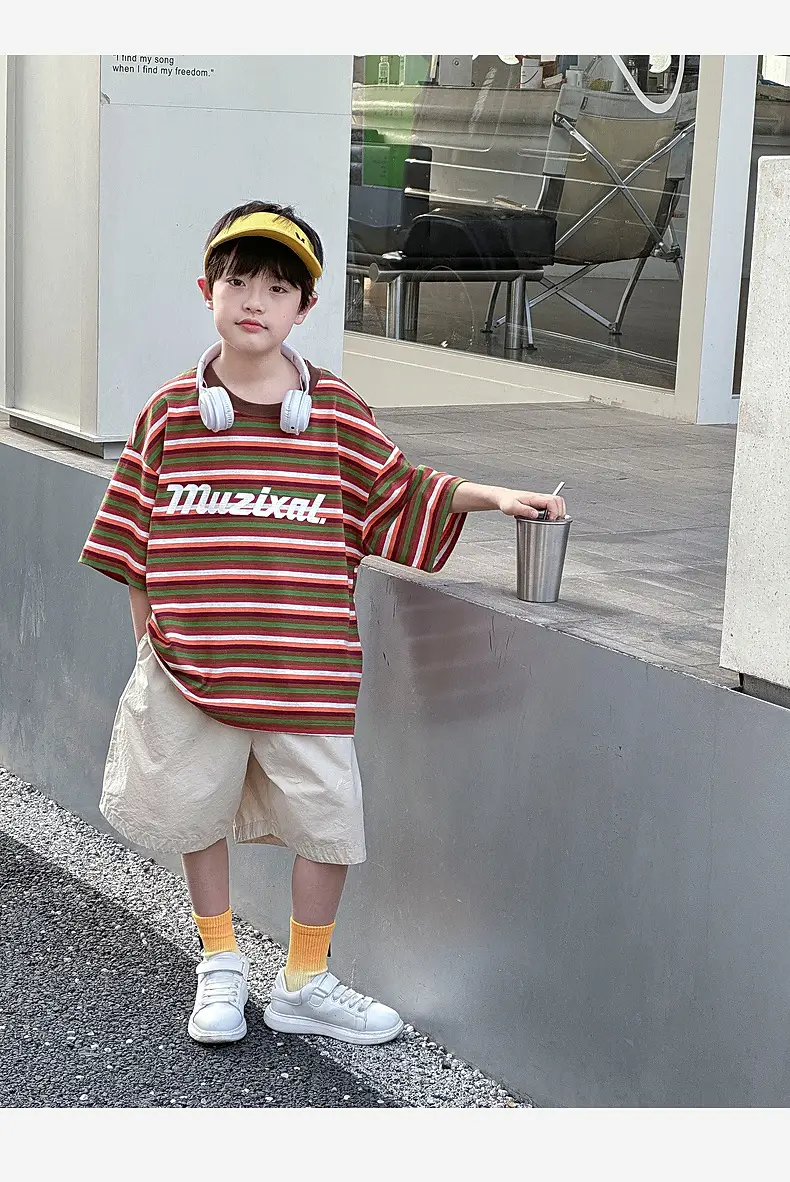 Summer Boys T-shirt Striped Short Sleeve Brown Shorts Set — feature 52