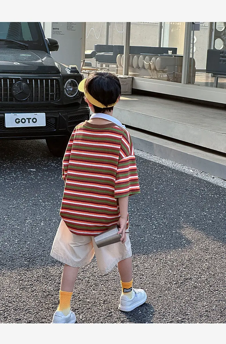 Summer Boys T-shirt Striped Short Sleeve Brown Shorts Set — feature 53