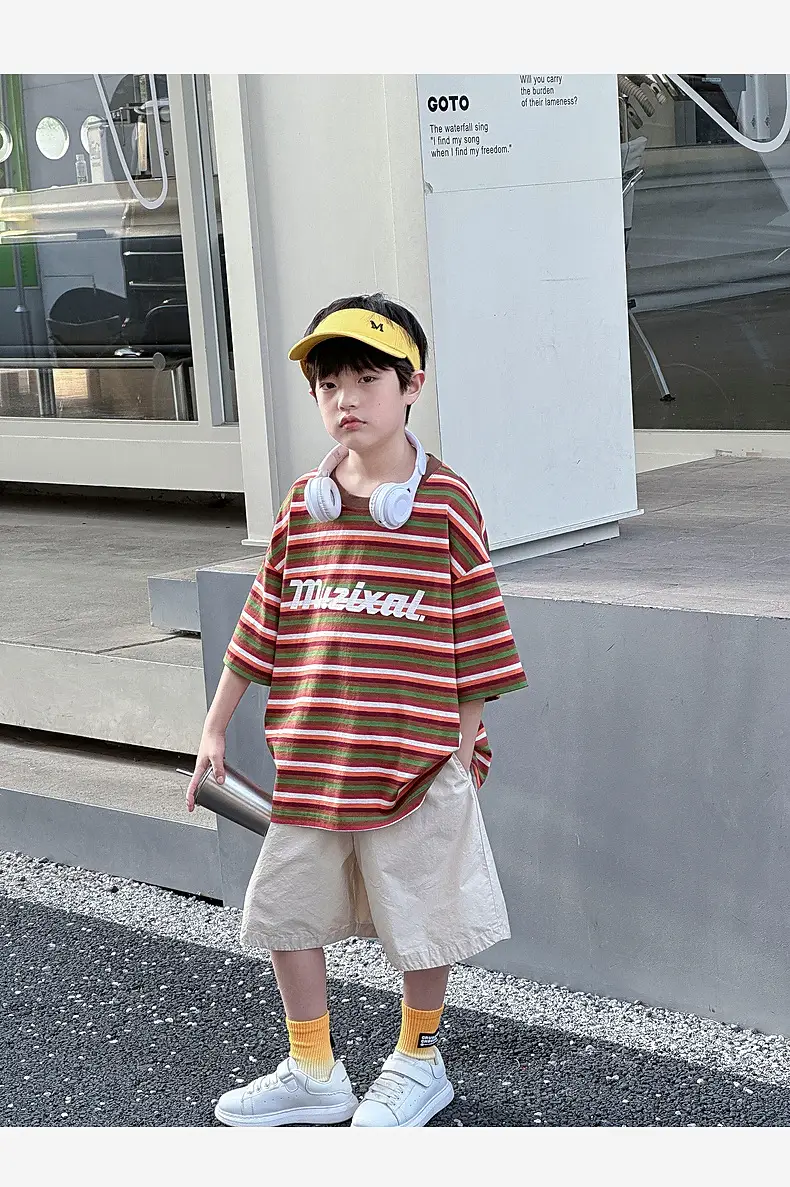 Summer Boys T-shirt Striped Short Sleeve Brown Shorts Set — feature 55