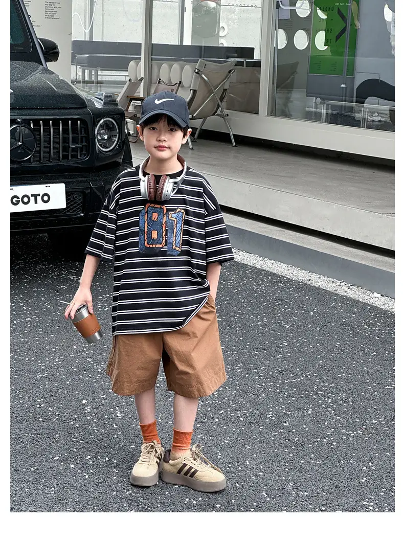 Summer Boys T-shirt Striped Short Sleeve Brown Shorts Set — feature 58