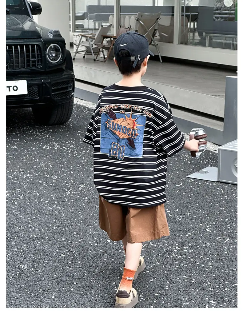 Summer Boys T-shirt Striped Short Sleeve Brown Shorts Set — feature 59
