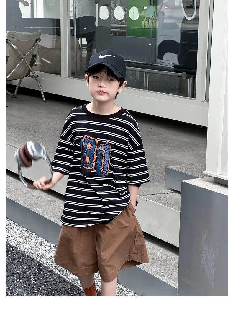 Summer Boys T-shirt Striped Short Sleeve Brown Shorts Set — feature 60