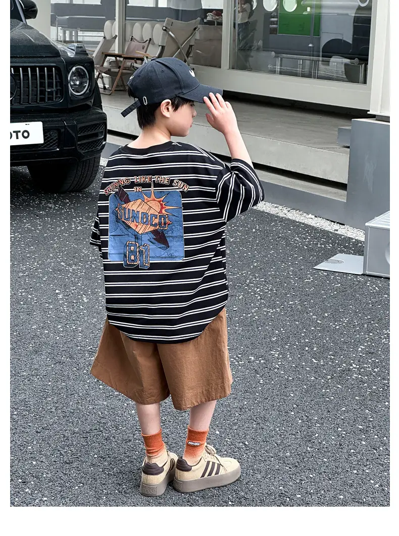 Summer Boys T-shirt Striped Short Sleeve Brown Shorts Set — feature 61