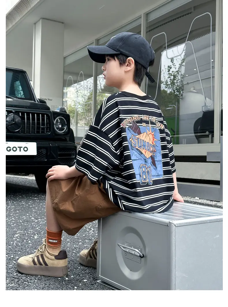 Summer Boys T-shirt Striped Short Sleeve Brown Shorts Set — feature 62