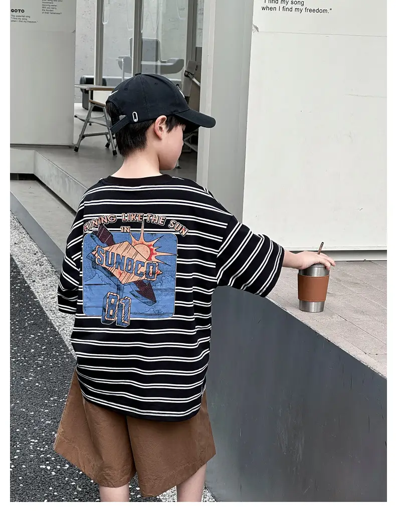 Summer Boys T-shirt Striped Short Sleeve Brown Shorts Set — feature 63