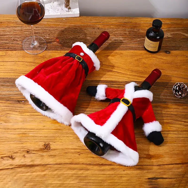 Christmas Wine Bottle Set with Red Skirt & Fur Trim - Image 5
