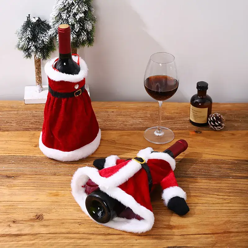 Christmas Wine Bottle Set with Red Skirt & Fur Trim - Image 6