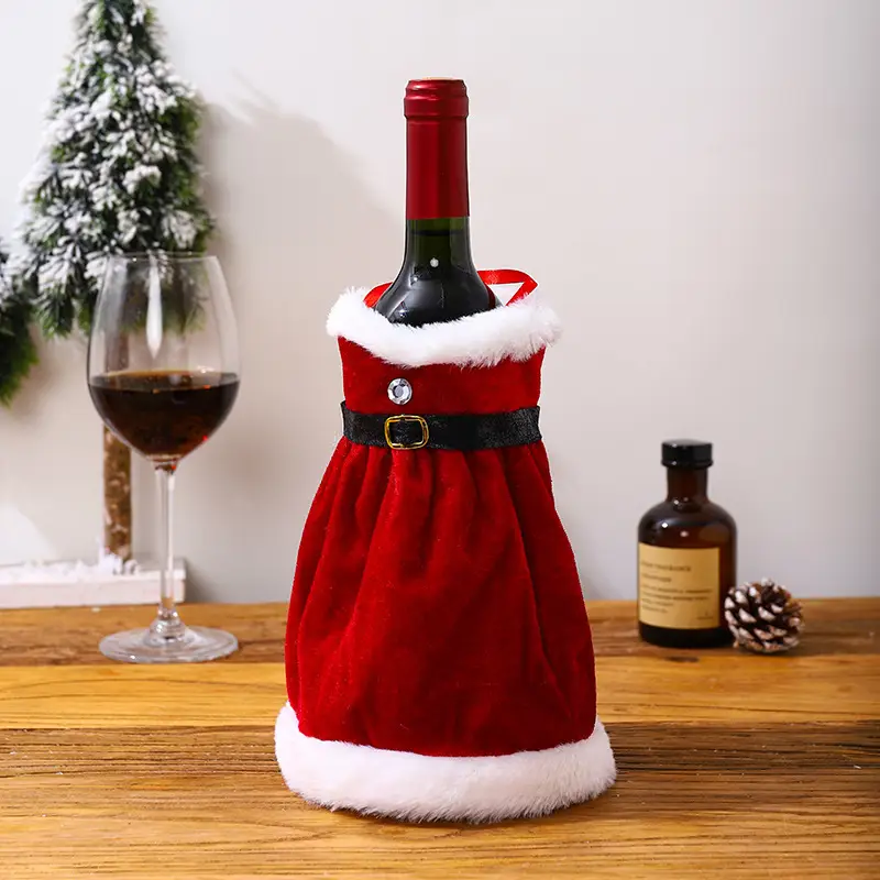 Christmas Wine Bottle Set with Red Skirt & Fur Trim — feature 10