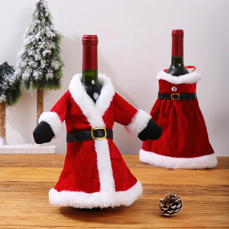 Christmas Wine Bottle Set with Red Skirt & Fur Trim — feature 3