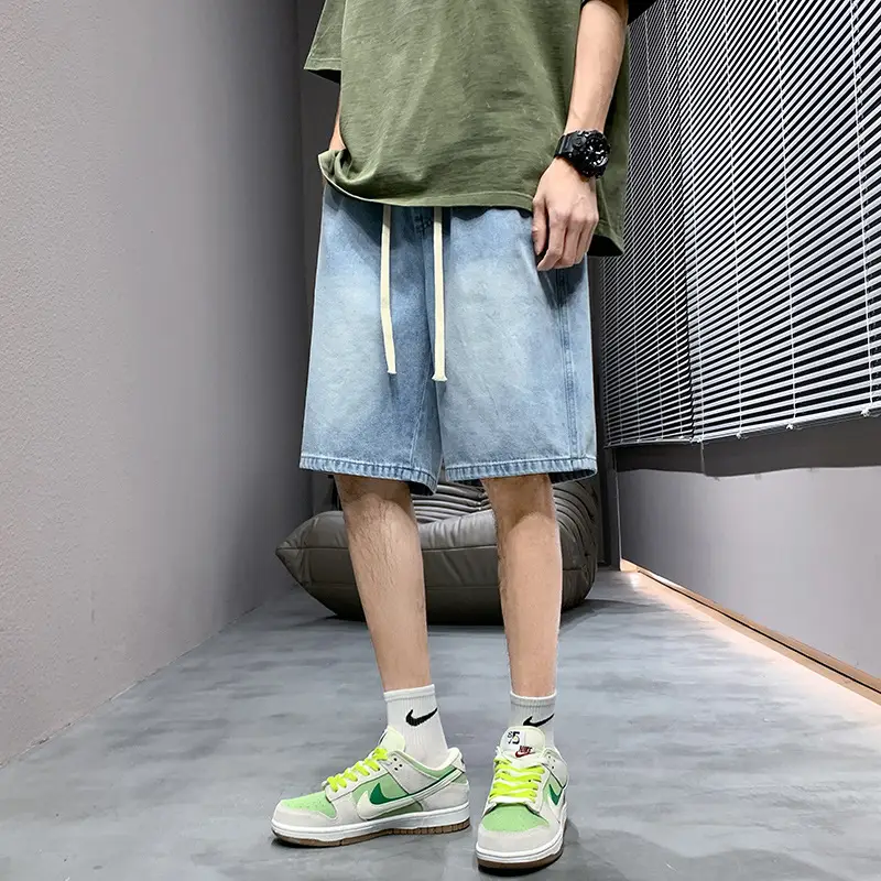 Men Light Blue Denim Shorts Mid-Length Casual Washed - Image 5