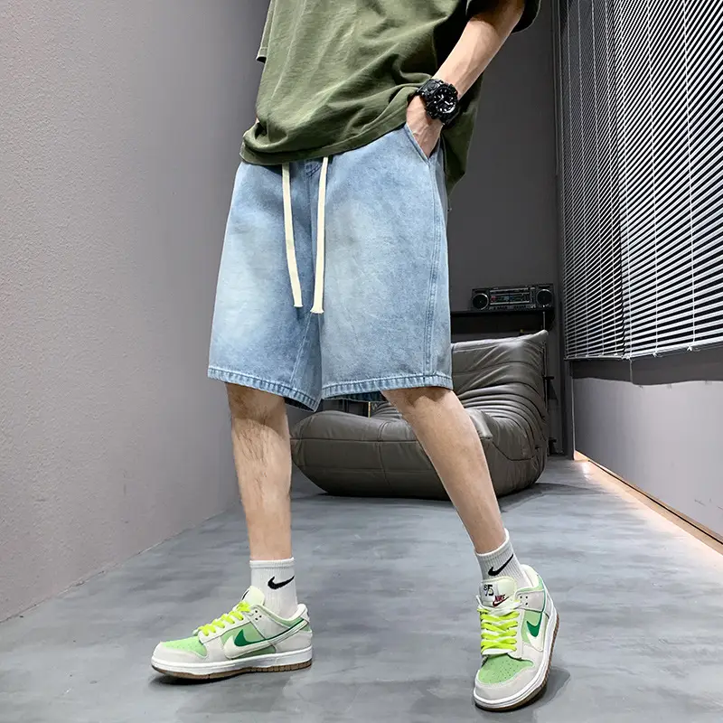 Men Light Blue Denim Shorts Mid-Length Casual Washed - Image 6
