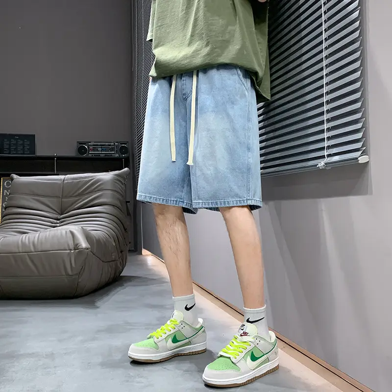 Men Light Blue Denim Shorts Mid-Length Casual Washed - Image 7