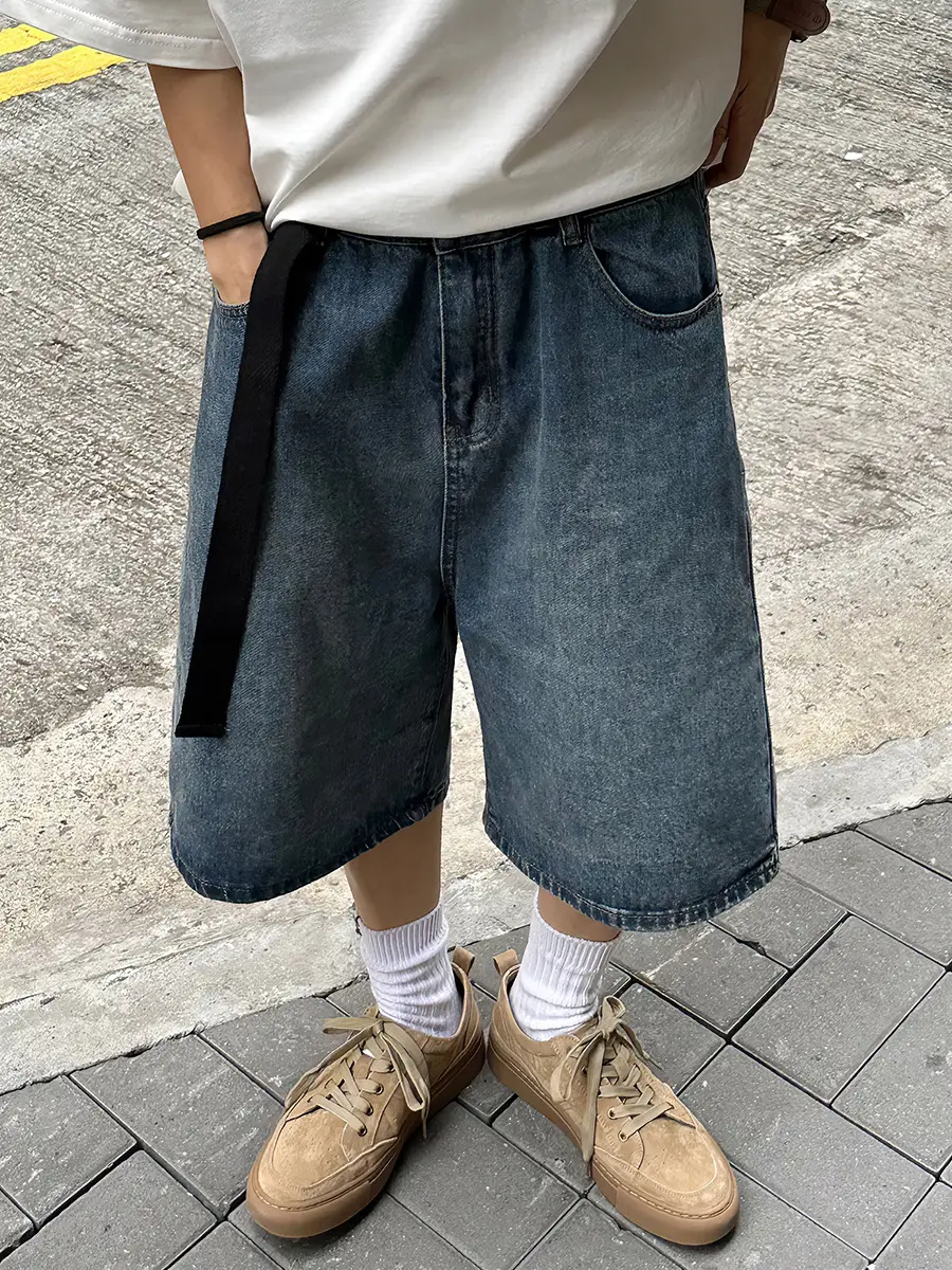 Denim Five Point Shorts Belted Summer Washed — feature 7