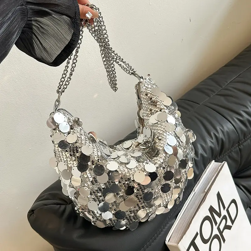 Sequined Crescent Bag Chain Shoulder Crossbody Large