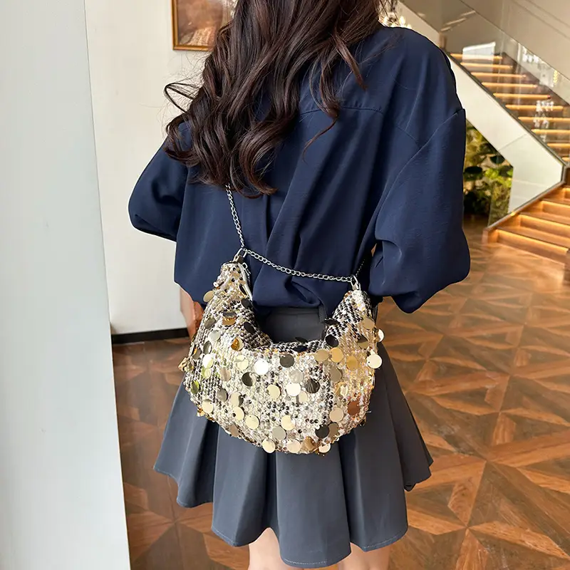 Sequined Crescent Bag Chain Shoulder Crossbody Large