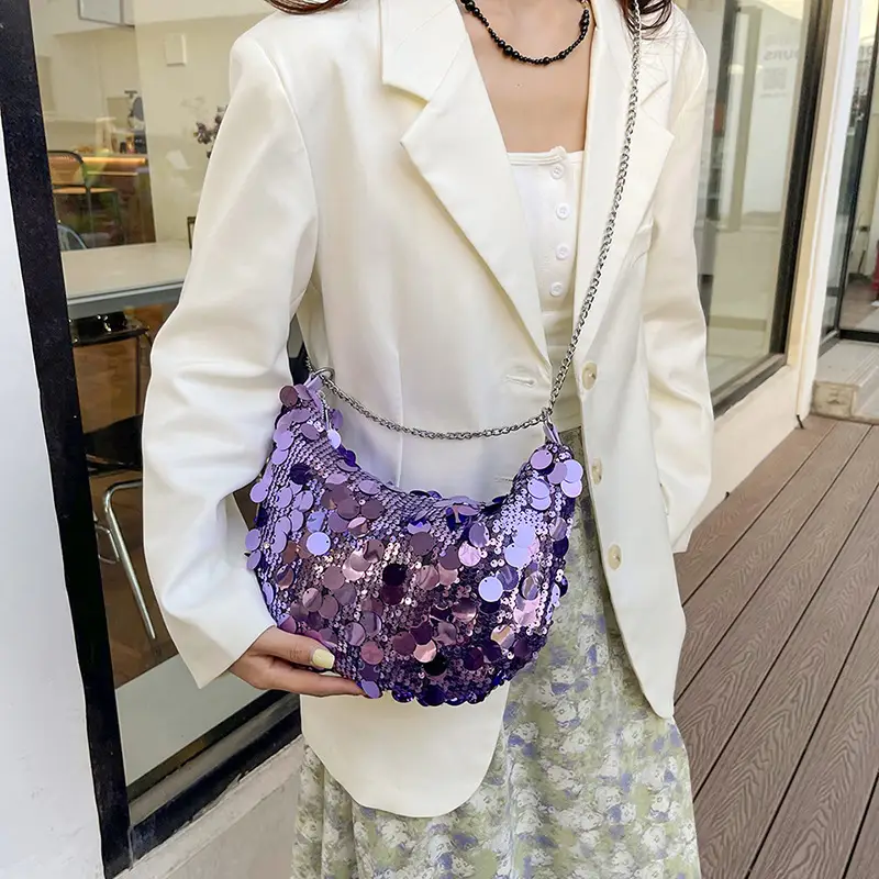 Sequined Crescent Bag Chain Shoulder Crossbody Large