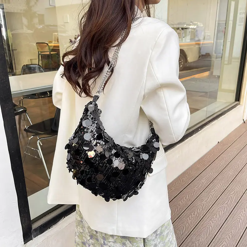 Sequined Crescent Bag Chain Shoulder Crossbody Large