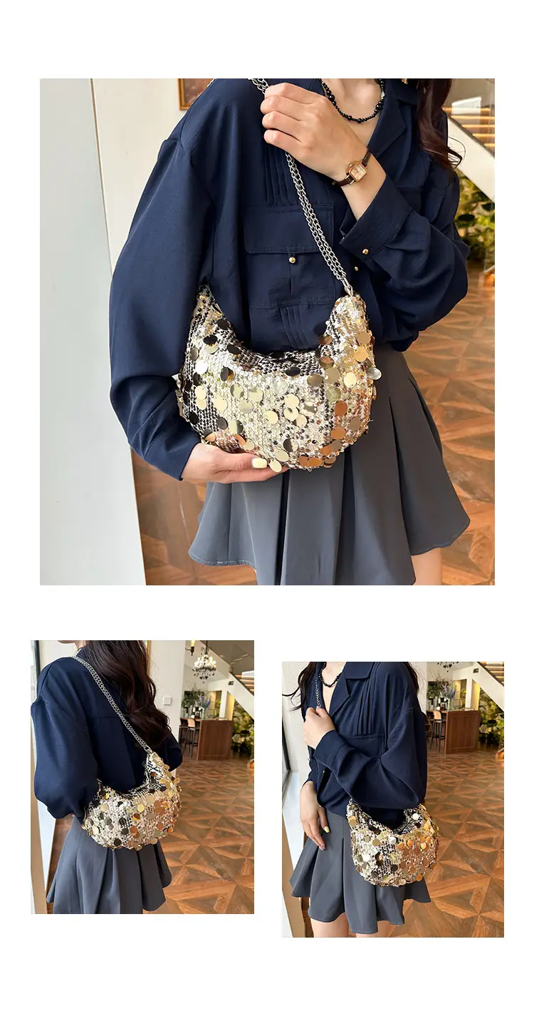 Sequined Crescent Bag Chain Shoulder Crossbody Large — feature 14