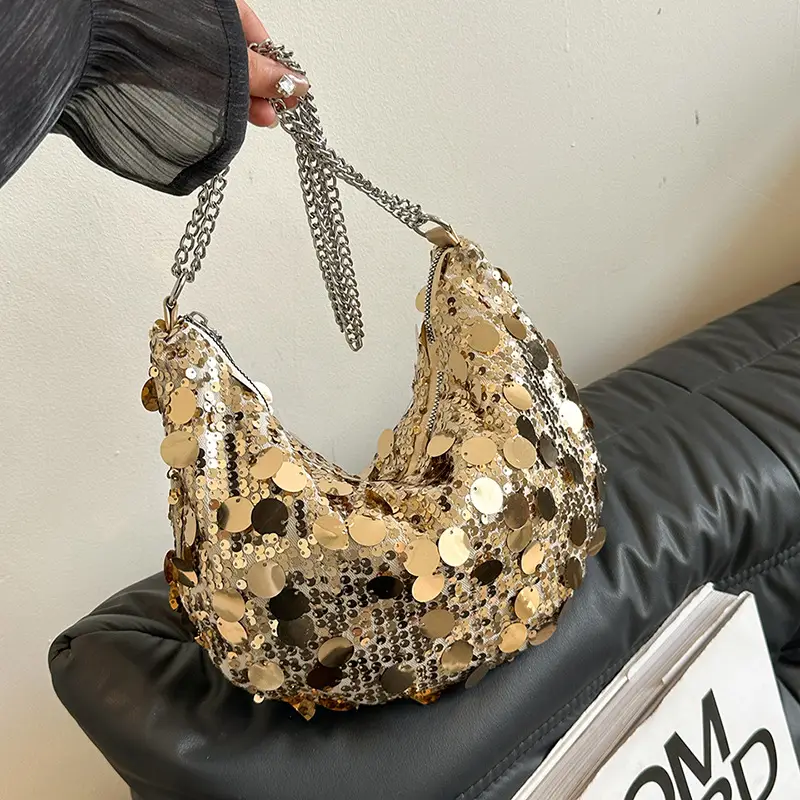 Sequined Crescent Bag Chain Shoulder Crossbody Large