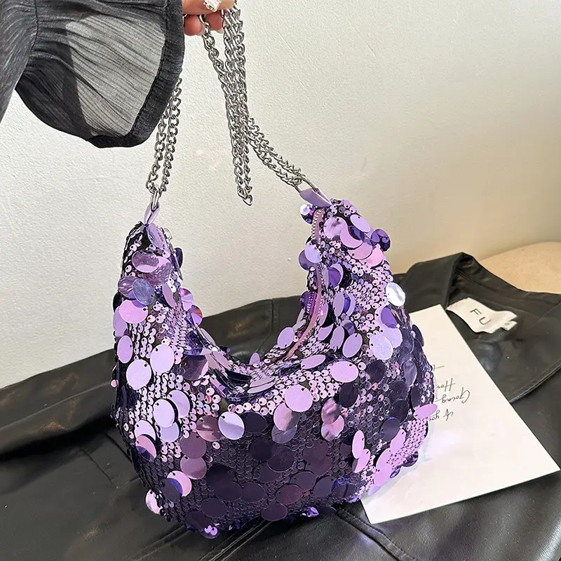 Sequined Crescent Bag Chain Shoulder Crossbody Large