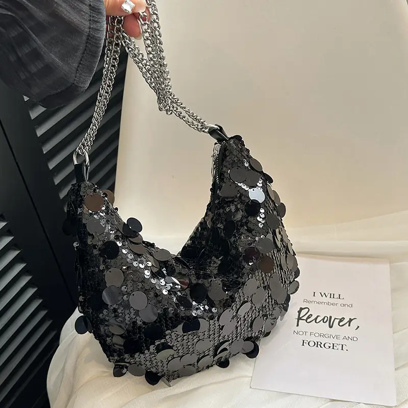 Sequined Crescent Bag Chain Shoulder Crossbody Large