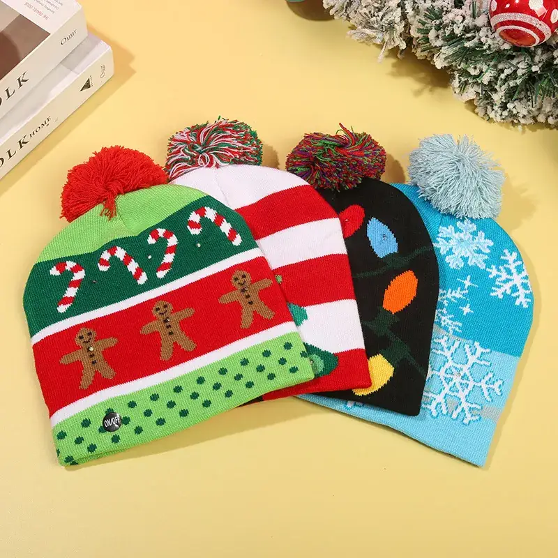 LED Christmas Knitted Hat with Santa Cartoon Design