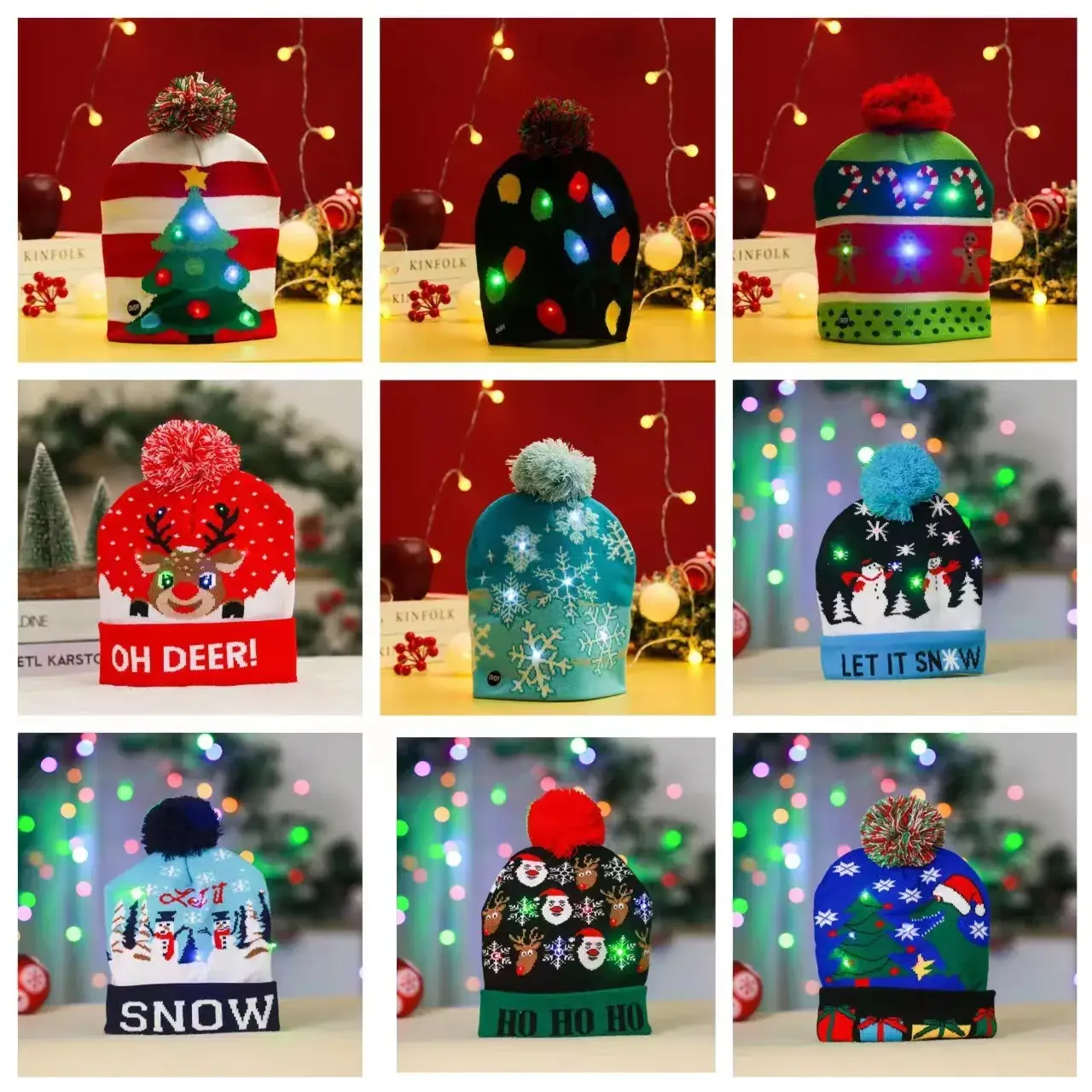 LED Christmas Knitted Hat with Santa Cartoon Design