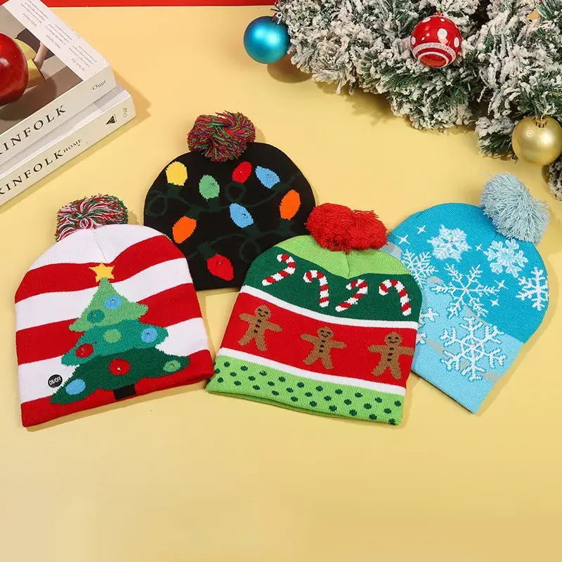 LED Christmas Knitted Hat with Santa Cartoon Design