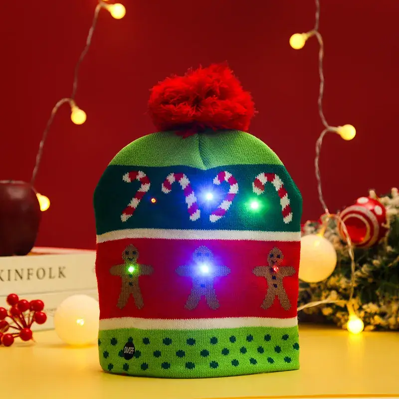 LED Christmas Knitted Hat with Santa Cartoon Design