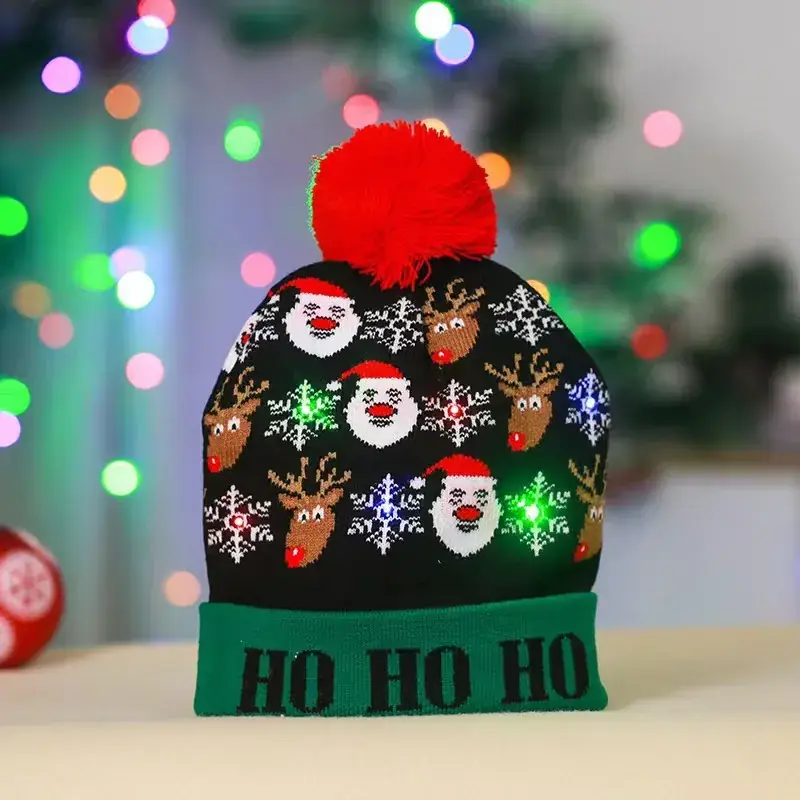 LED Christmas Knitted Hat with Santa Cartoon Design