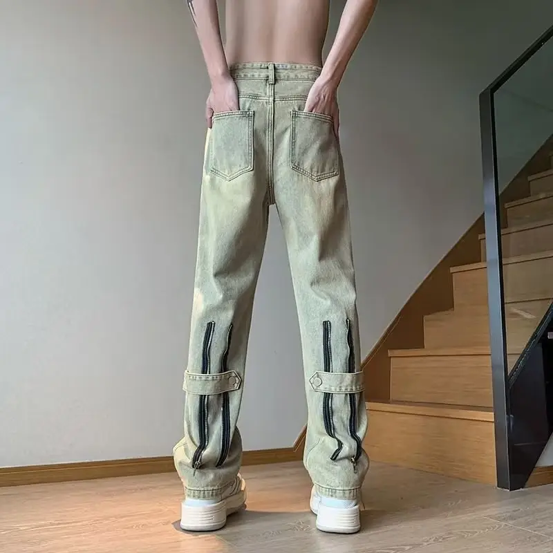 Men's Yellow Mud Print Zipper Pants All Match
