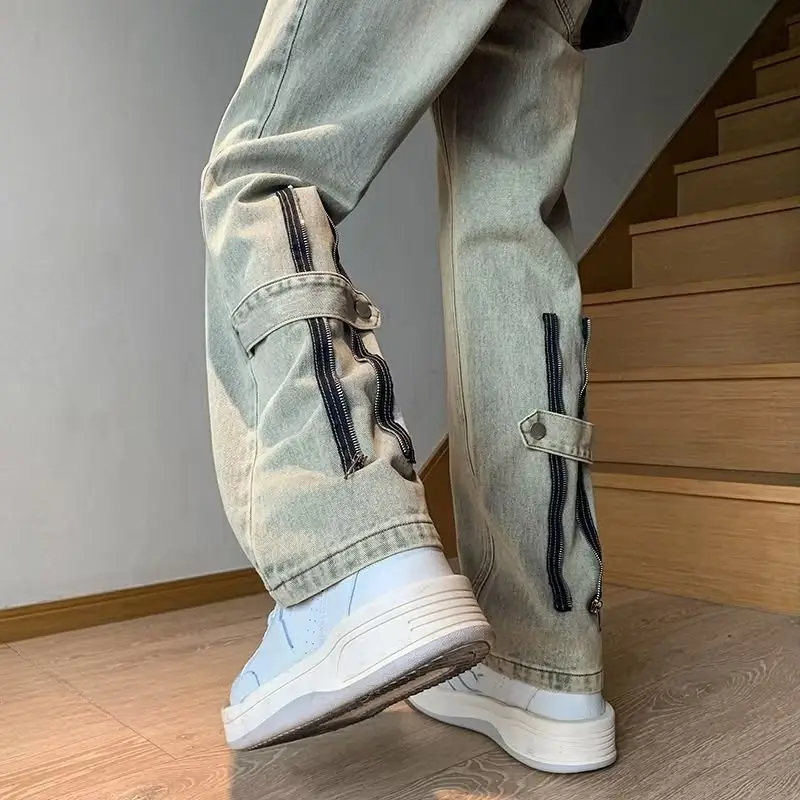 Men's Yellow Mud Print Zipper Pants All Match