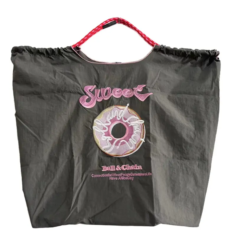 Gray Embroidered Japanese Style Shopping Bag - Image 4