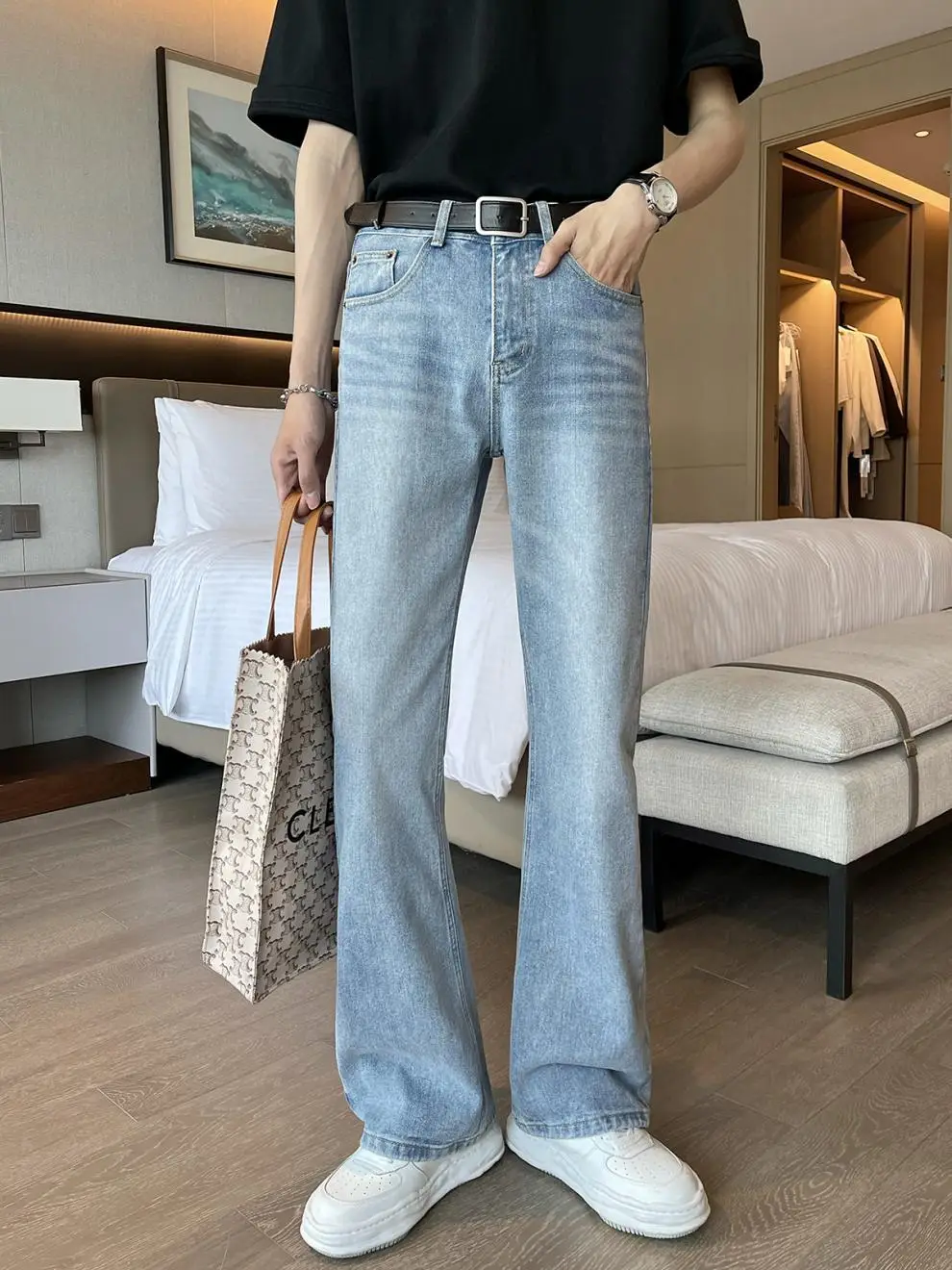 Men Light Blue Flared Denim Jeans 2026 — feature 7