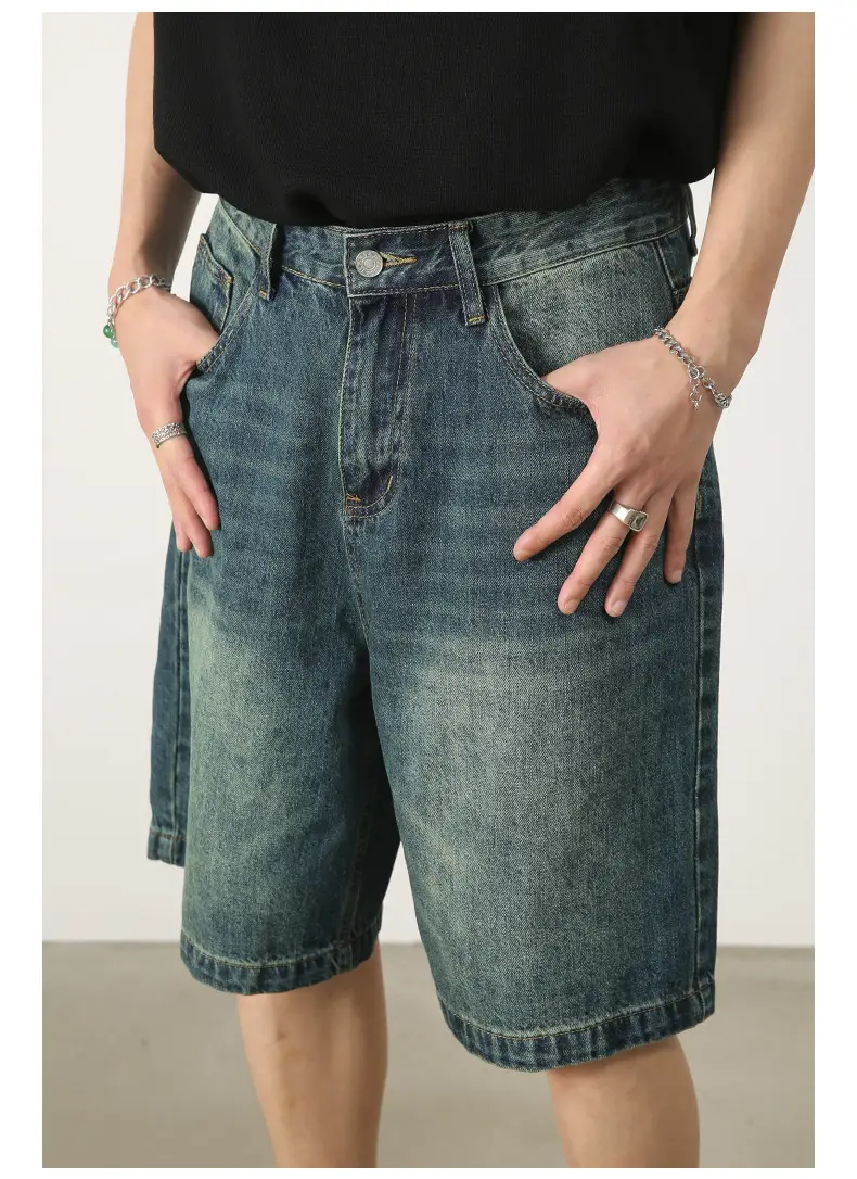Men Denim Shorts Blue Distressed 5 Point Loose — feature 10