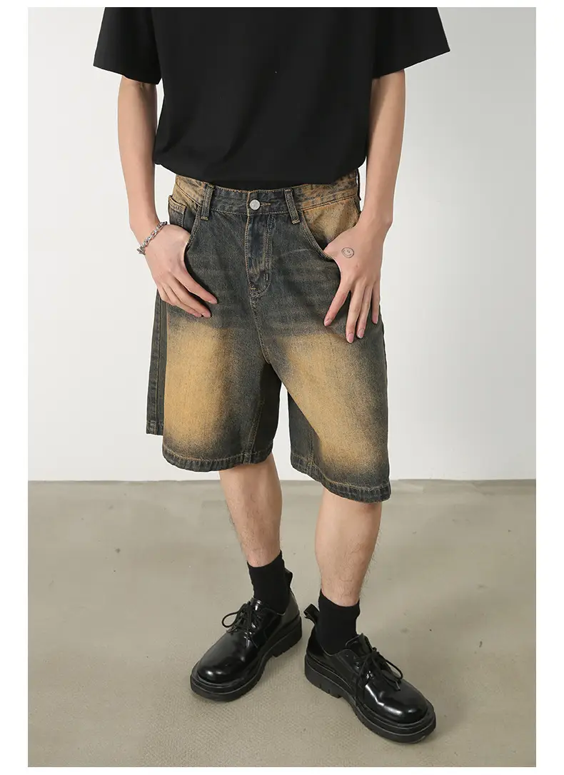 Men Denim Shorts Blue Distressed 5 Point Loose — feature 12