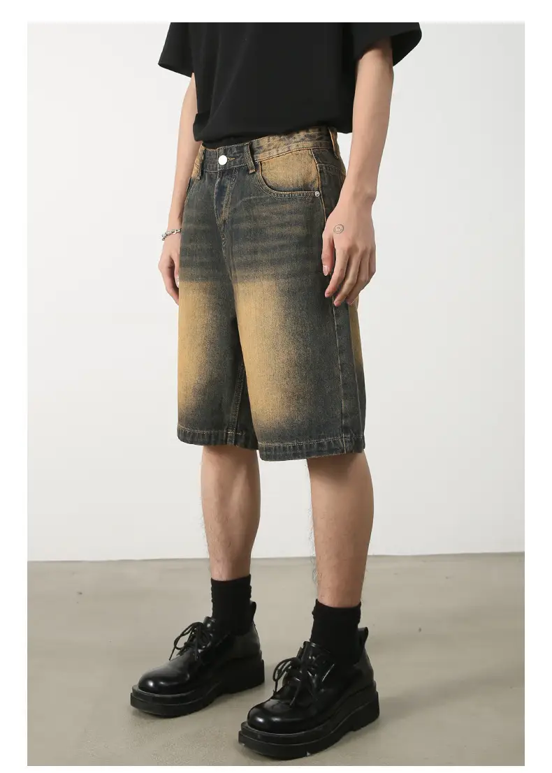 Men Denim Shorts Blue Distressed 5 Point Loose — feature 13