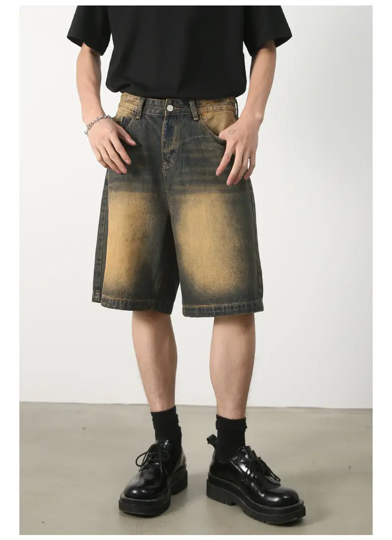 Men Denim Shorts Blue Distressed 5 Point Loose — feature 14