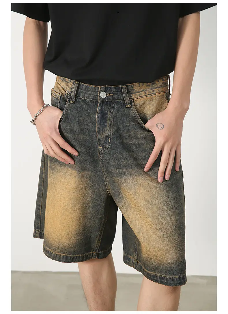 Men Denim Shorts Blue Distressed 5 Point Loose — feature 15