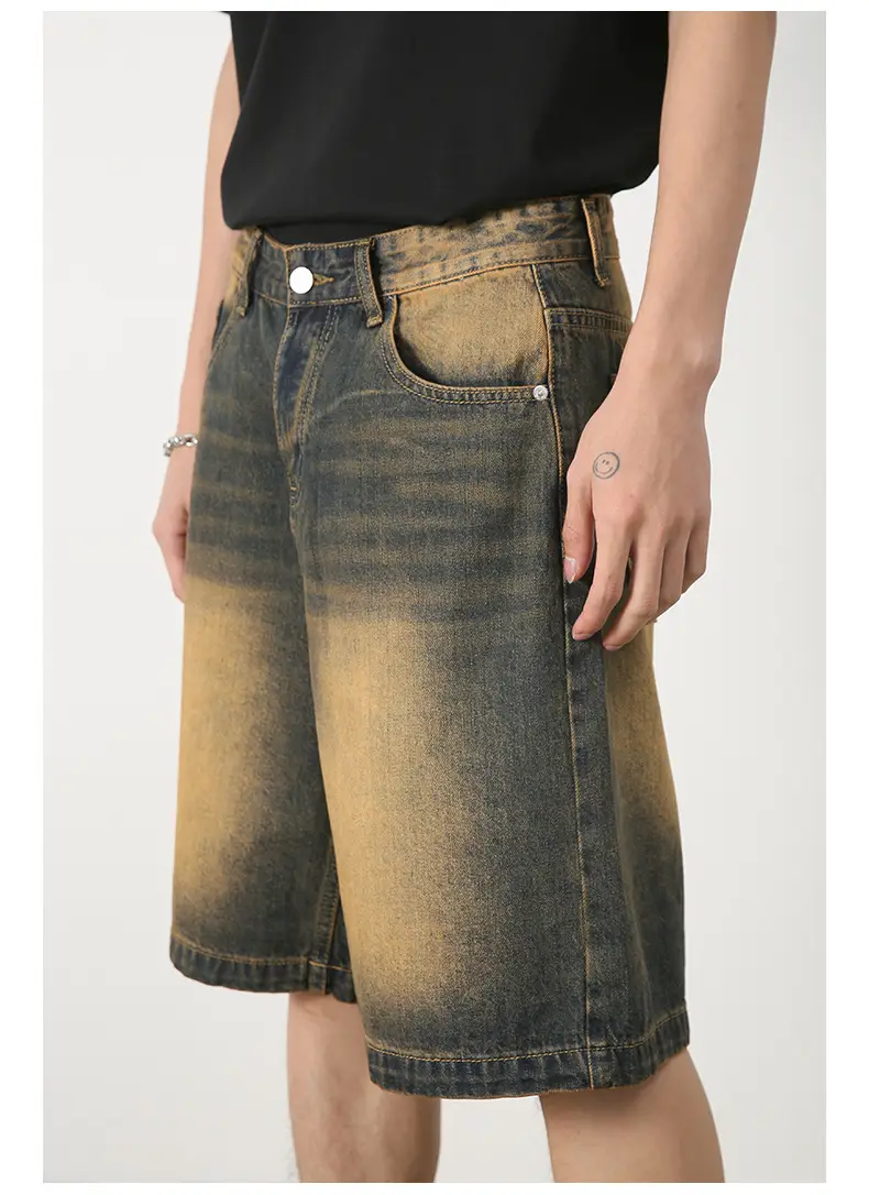 Men Denim Shorts Blue Distressed 5 Point Loose — feature 16
