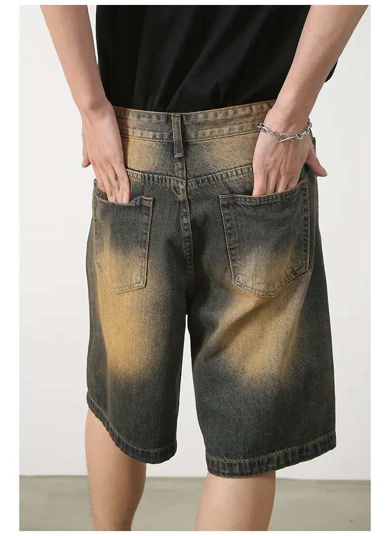 Men Denim Shorts Blue Distressed 5 Point Loose — feature 17