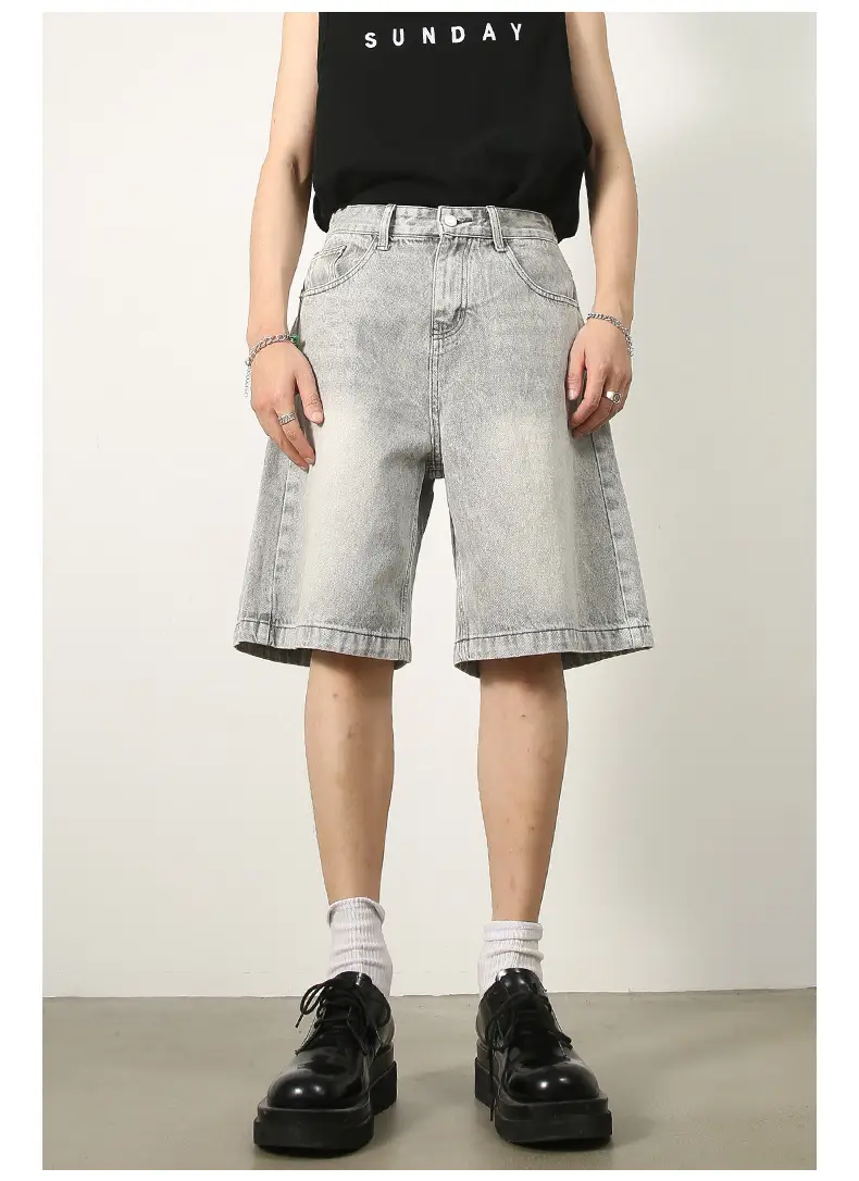 Men Denim Shorts Blue Distressed 5 Point Loose — feature 18