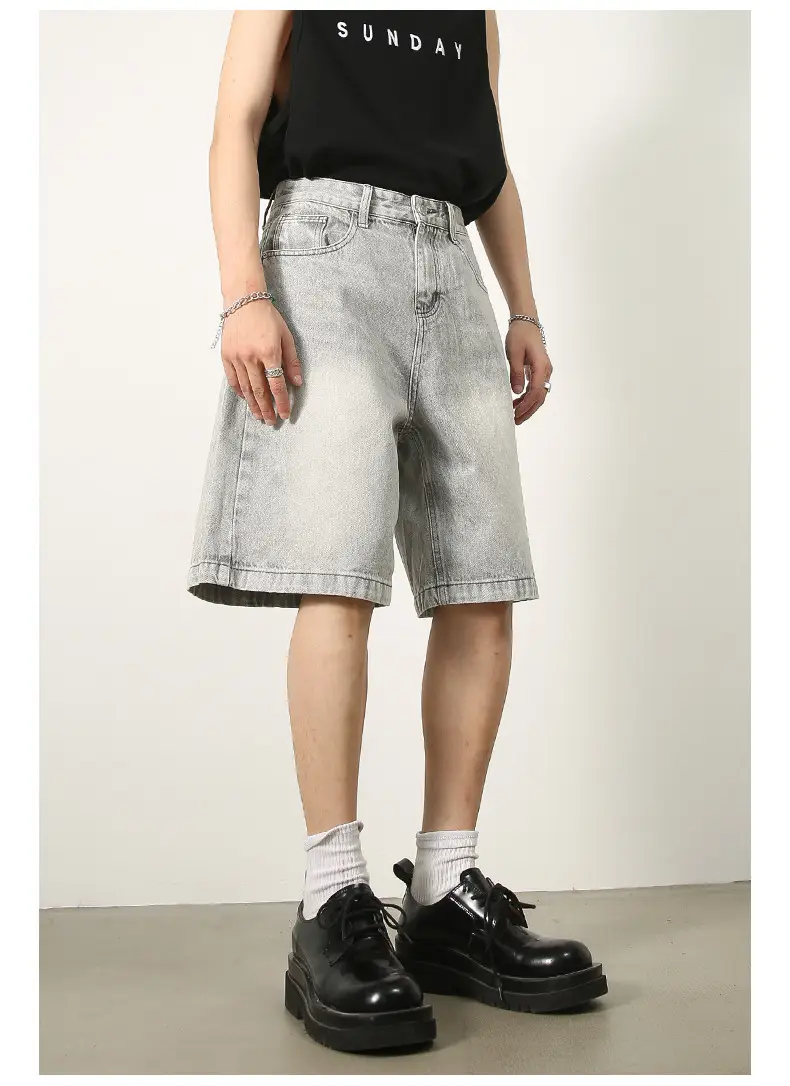 Men Denim Shorts Blue Distressed 5 Point Loose — feature 19