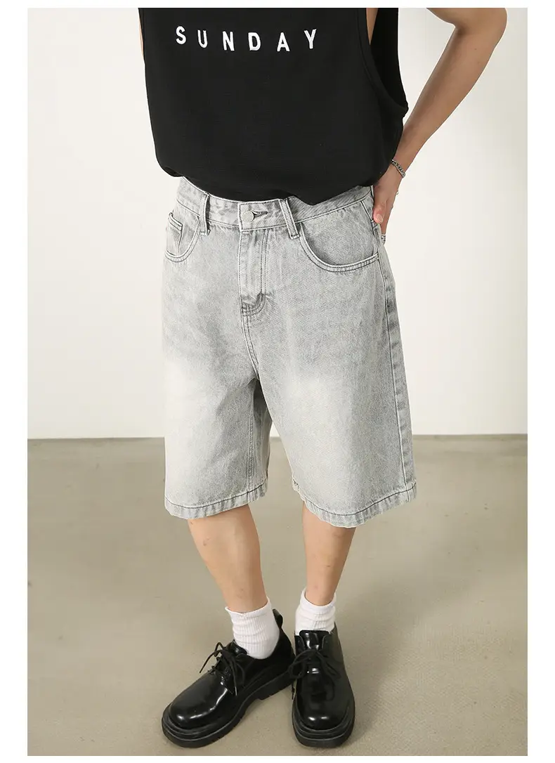 Men Denim Shorts Blue Distressed 5 Point Loose — feature 20