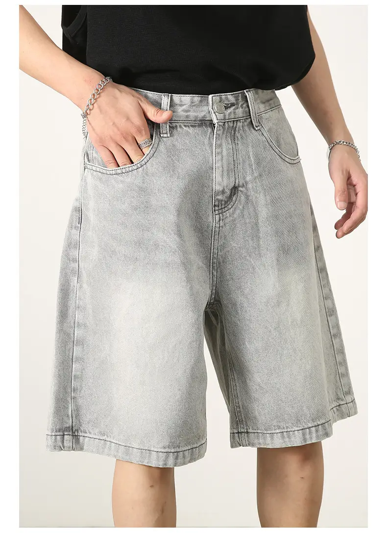 Men Denim Shorts Blue Distressed 5 Point Loose — feature 24