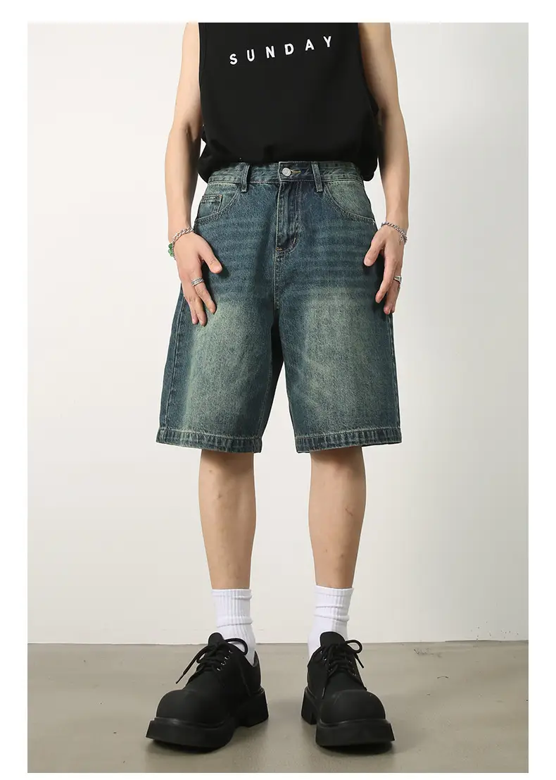 Men Denim Shorts Blue Distressed 5 Point Loose — feature 4