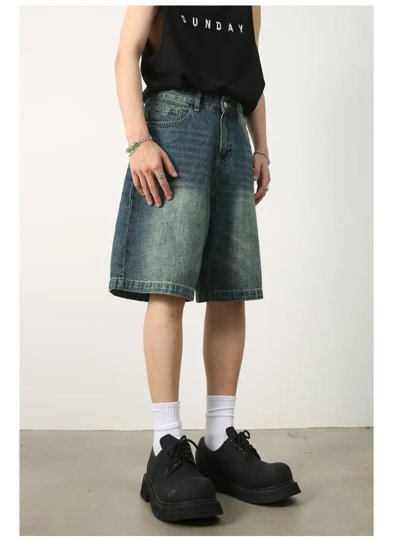 Men Denim Shorts Blue Distressed 5 Point Loose — feature 5