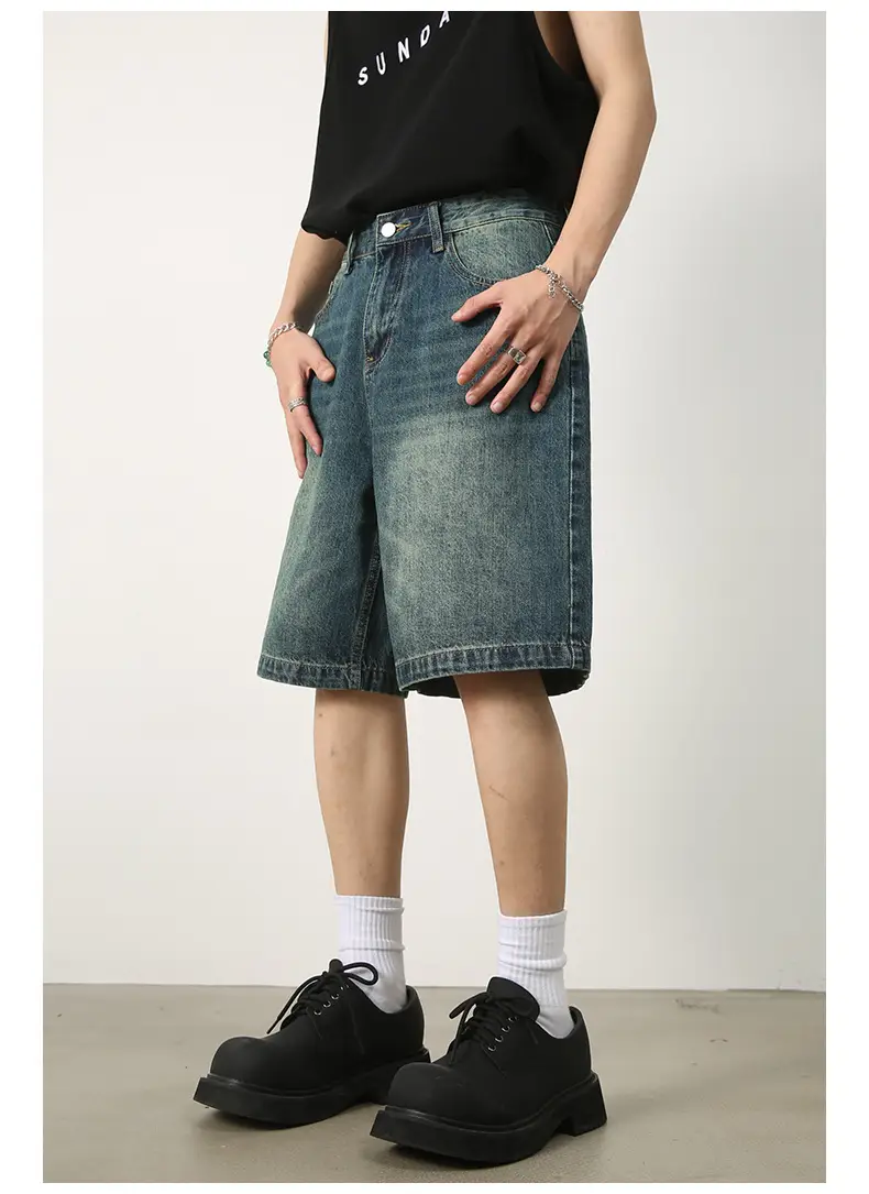Men Denim Shorts Blue Distressed 5 Point Loose — feature 6