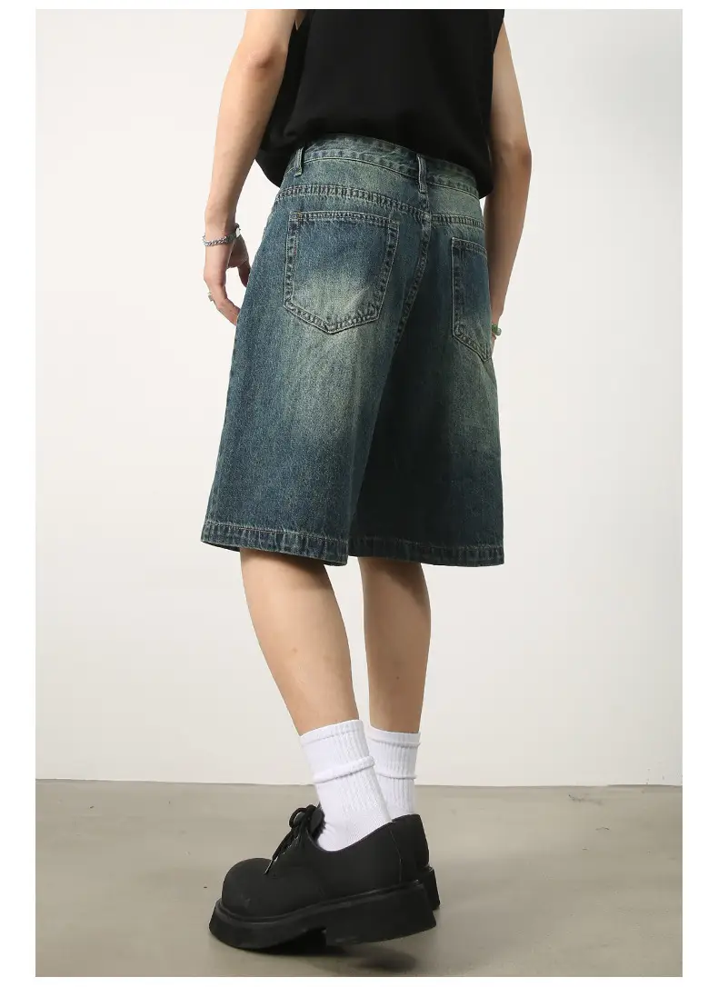 Men Denim Shorts Blue Distressed 5 Point Loose — feature 7