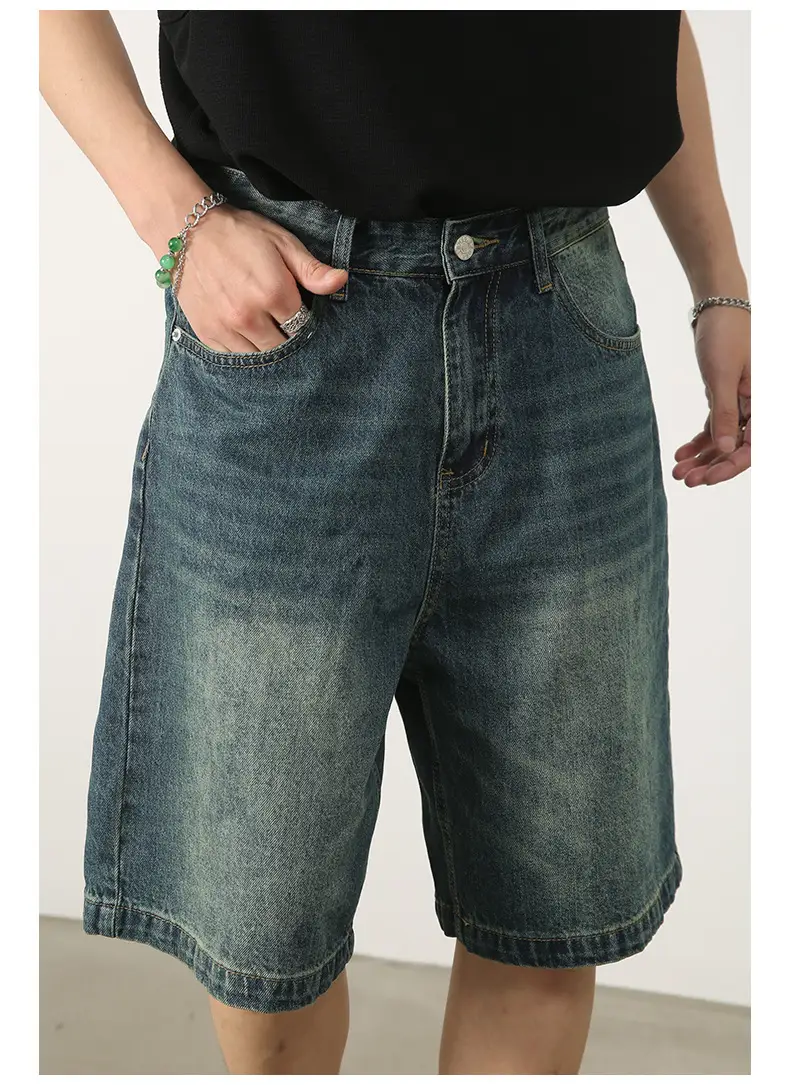 Men Denim Shorts Blue Distressed 5 Point Loose — feature 8